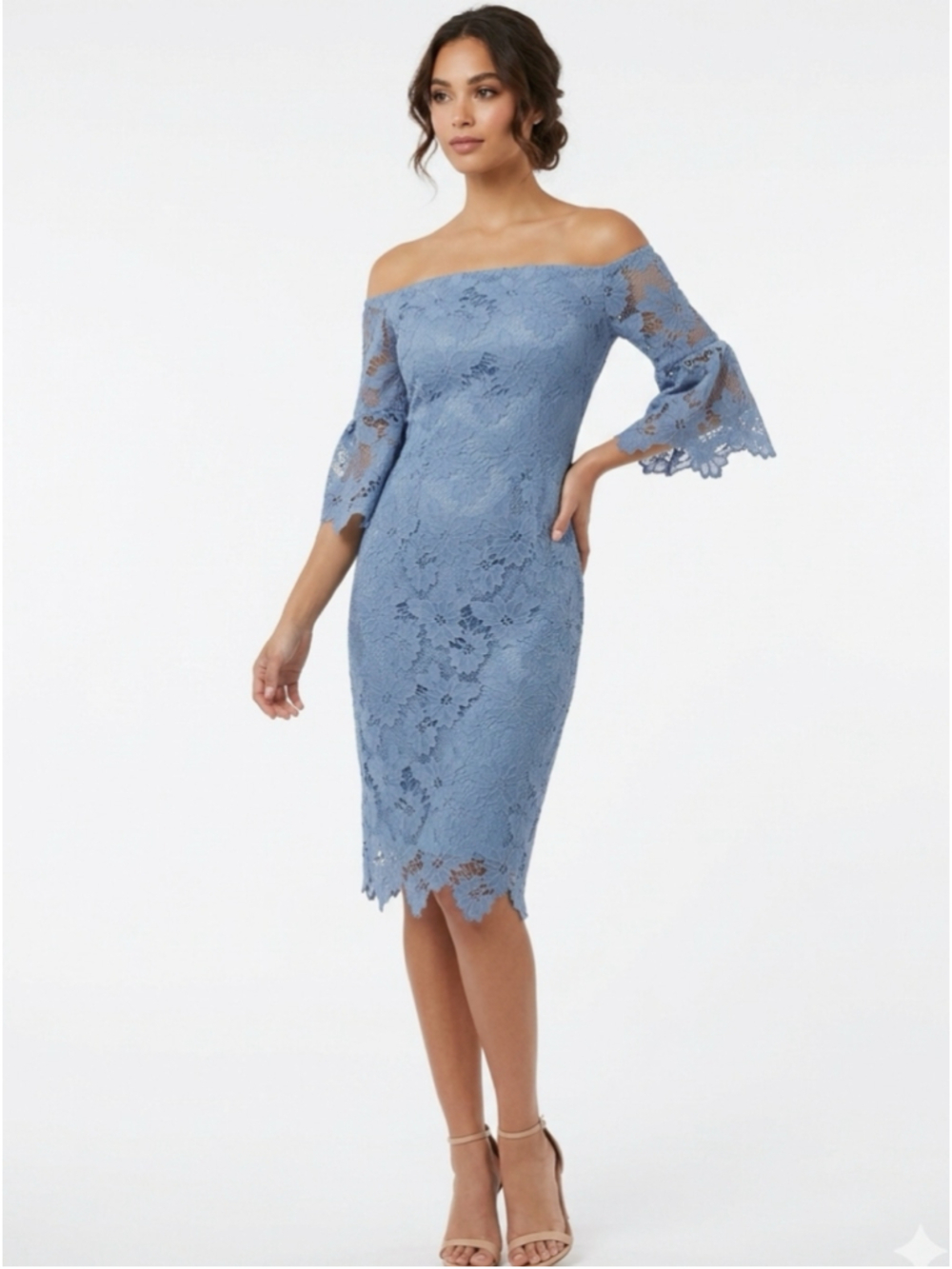 Vince Camuto Blue Off the Shoulder Floral Lace Bell Sleeve Sheath Dress Size 6